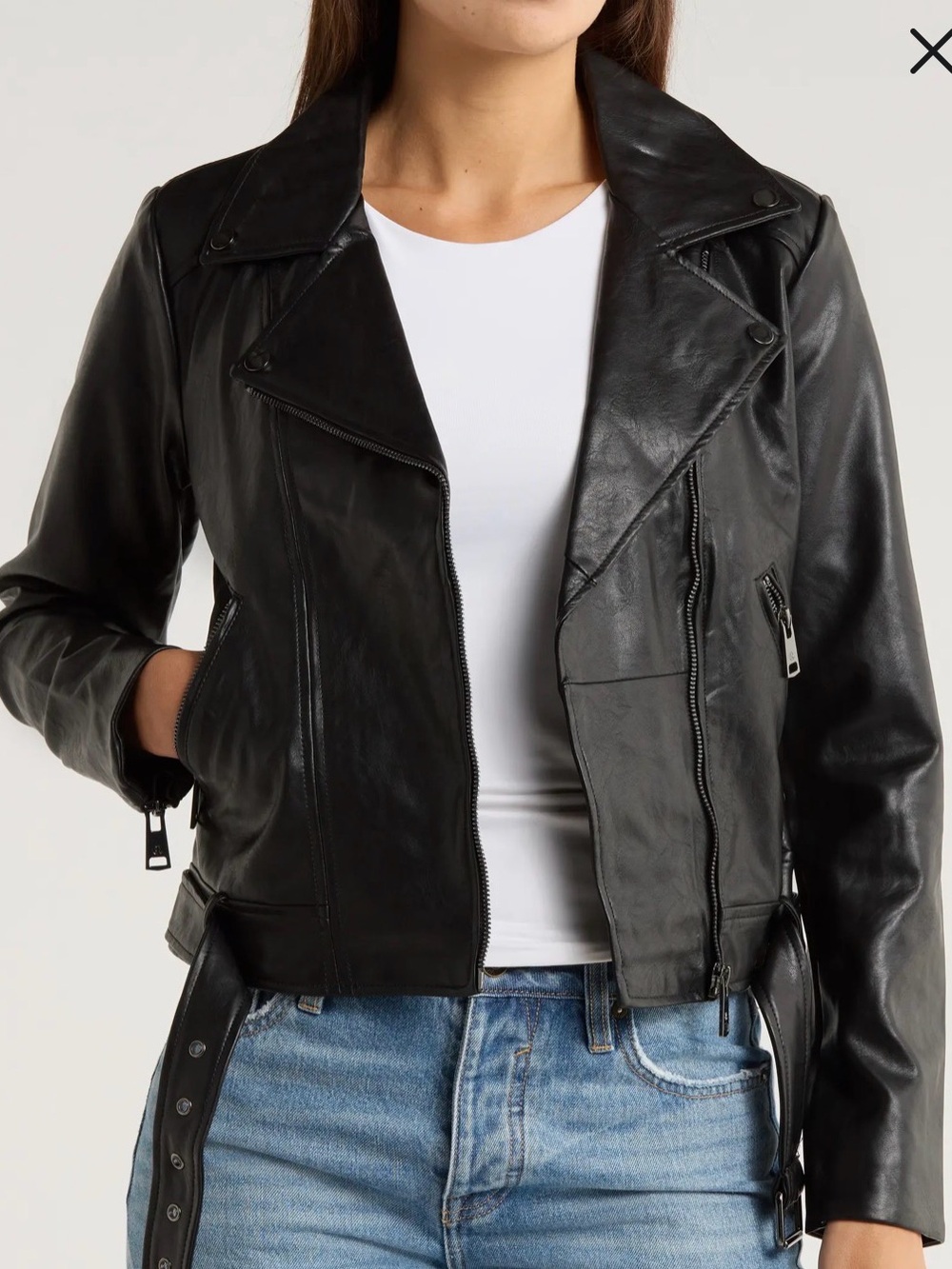 Elodie Black Faux Leather Moto Jacket with Belt